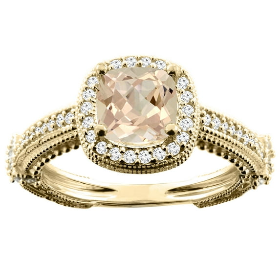 14K Yellow Gold Natural Morganite Ring Cushion 7x7mm Diamond Accent, size 5