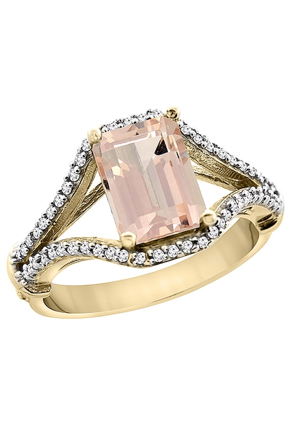 14K Yellow Gold Natural Morganite Ring Octagon 8x6 mm with Diamond Accents, size 5.5
