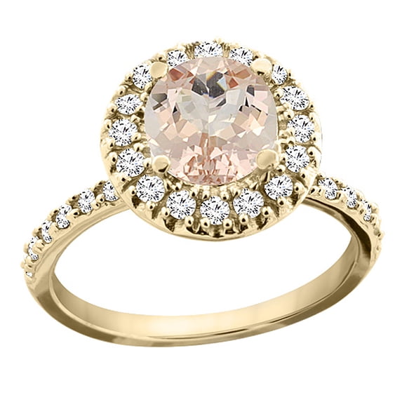 14K Yellow Gold Natural Morganite Ring Round 8mm Floating Halo Diamond, size 6.5