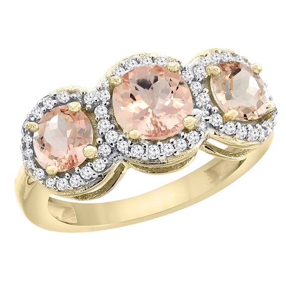 14K Yellow Gold Natural Morganite Round 3-stone Ring Diamond Accents, size 5