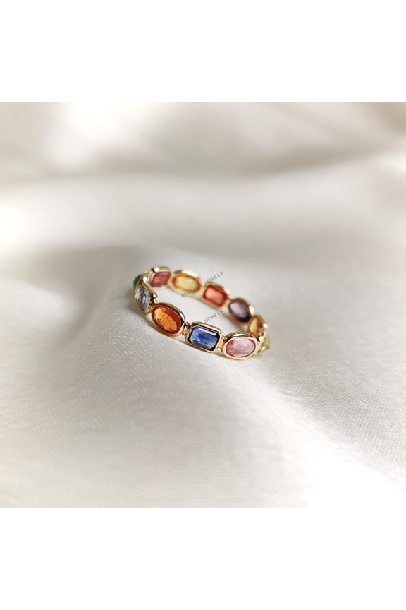 14K Yellow Gold Natural Multi Sapphire Ring, Gemstone Infinity Band