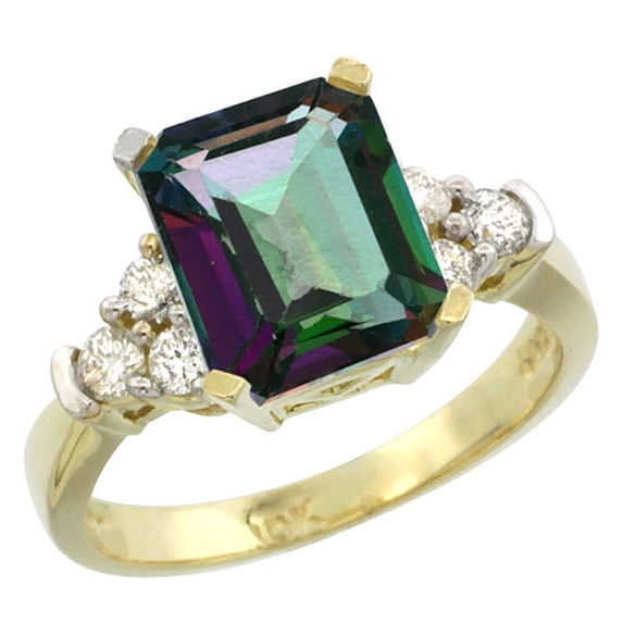 14K Yellow Gold Natural Mystic Topaz Ring Octagon 9x7mm Diamond Accent, size 5