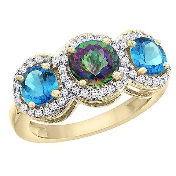 14K Yellow Gold Natural Mystic Topaz & Swiss Blue Topaz Sides Round 3-stone Ring Diamond Accents, size 6.5