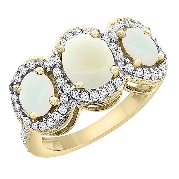 14K Yellow Gold Natural Opal 3-Stone Ring Oval Diamond Accent, size 6.5