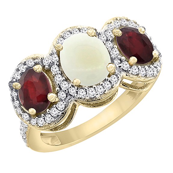 14K Yellow Gold Natural Opal & Enhanced Ruby 3-Stone Ring Oval Diamond Accent, size 7