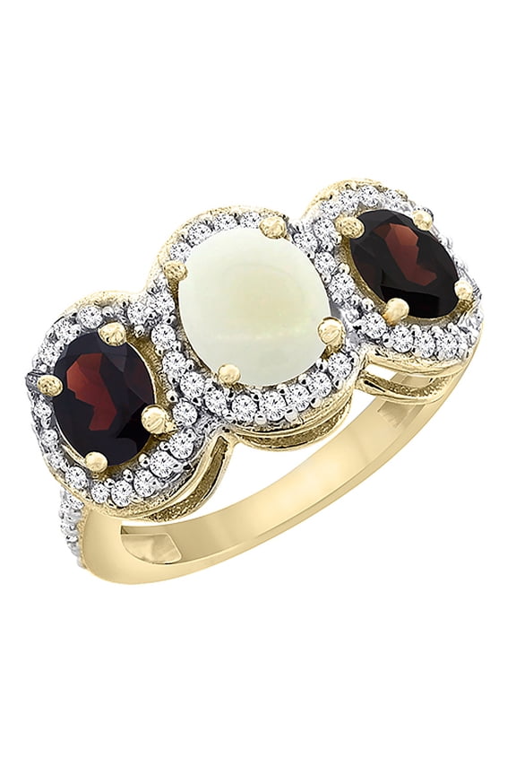 14K Yellow Gold Natural Opal & Garnet 3-Stone Ring Oval Diamond Accent, size 10