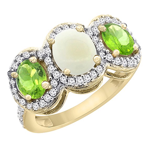 14K Yellow Gold Natural Opal & Peridot 3-Stone Ring Oval Diamond Accent, size 10