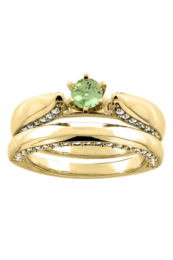 14K Yellow Gold Natural Peridot 2-piece Bridal Ring Set Diamond Accents Round 5mm, size 8