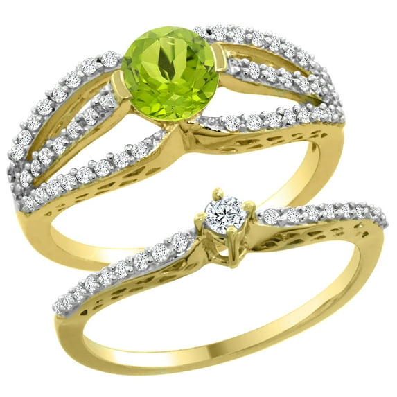 14K Yellow Gold Natural Peridot 2-piece Engagement Ring Set Round 5mm, size 6.5