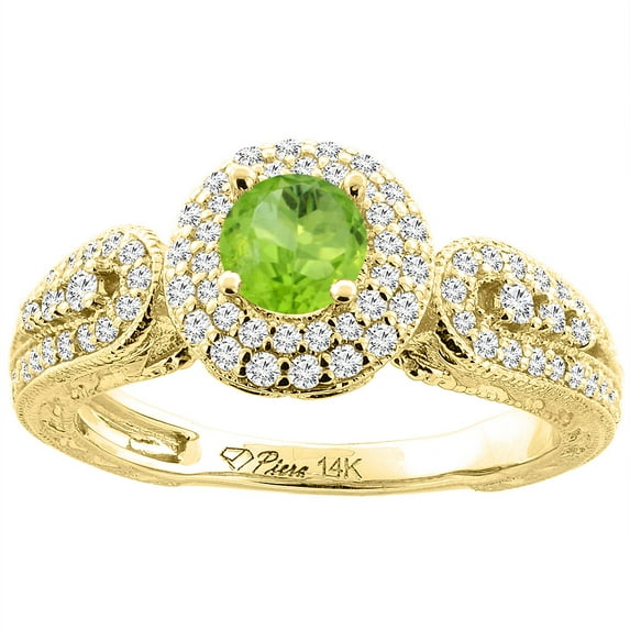 14K Yellow Gold Natural Peridot & Diamond Halo Ring Round 5 mm, size 5.5