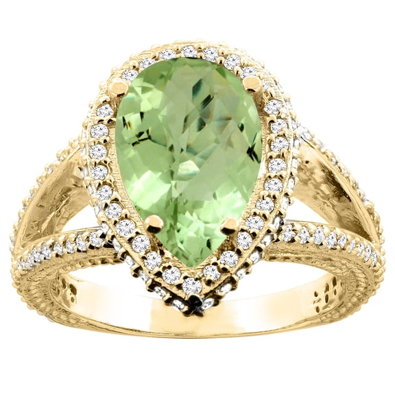14K Yellow Gold Natural Peridot Halo Ring Pear 12x8mm Diamond Accents, size 6.5