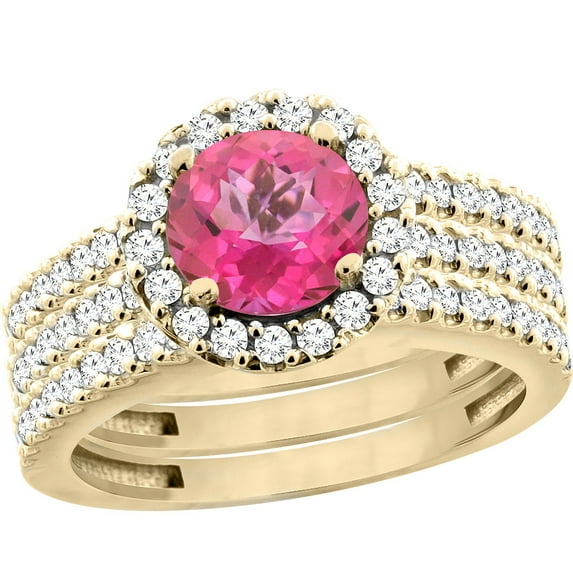 14K Yellow Gold Natural Pink Topaz 3-Piece Bridal Ring Set Round 6mm Halo Diamond, size 9.5
