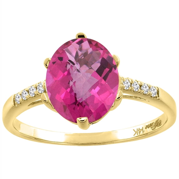 14K Yellow Gold Natural Pink Topaz & Diamond Ring Oval 10x8 mm, size 9.5