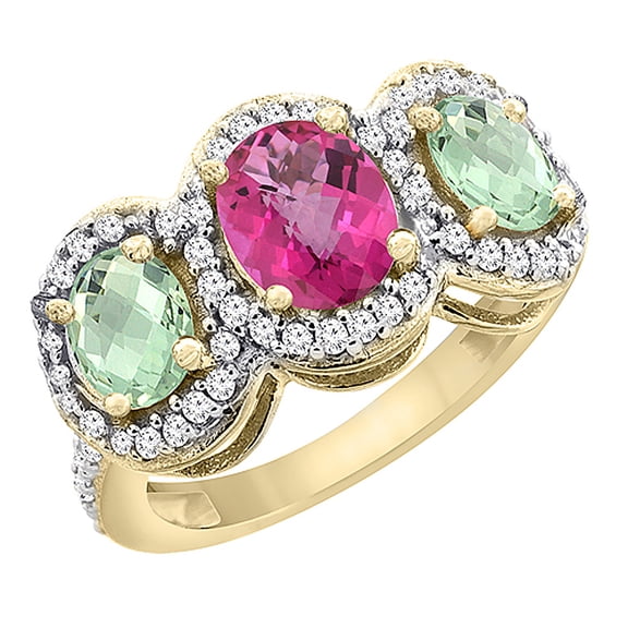 14K Yellow Gold Natural Pink Topaz & Green Amethyst 3-Stone Ring Oval Diamond Accent, size 5.5