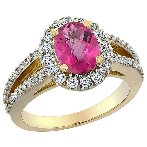 14K Yellow Gold Natural Pink Topaz Halo Ring Oval 8x6 mm with Diamond Accents, size 9.5