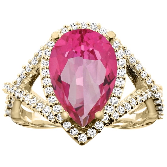 14K Yellow Gold Natural Pink Topaz Ring Pear 12X8mm Diamond Accent, size 10