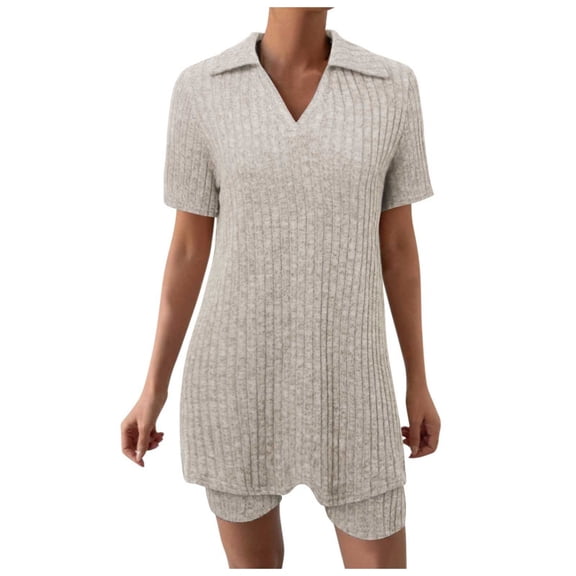 Women Fashion Solid Home Wear Pajamas Set Knit Short Sleeve Shorts Two Piece Set