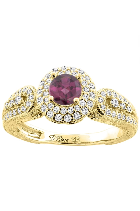 14K Yellow Gold Natural Rhodolite & Diamond Halo Ring Round 5 mm, size 9