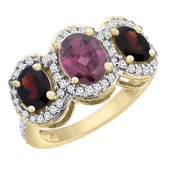 14K Yellow Gold Natural Rhodolite & Garnet 3-Stone Ring Oval Diamond Accent, size 5