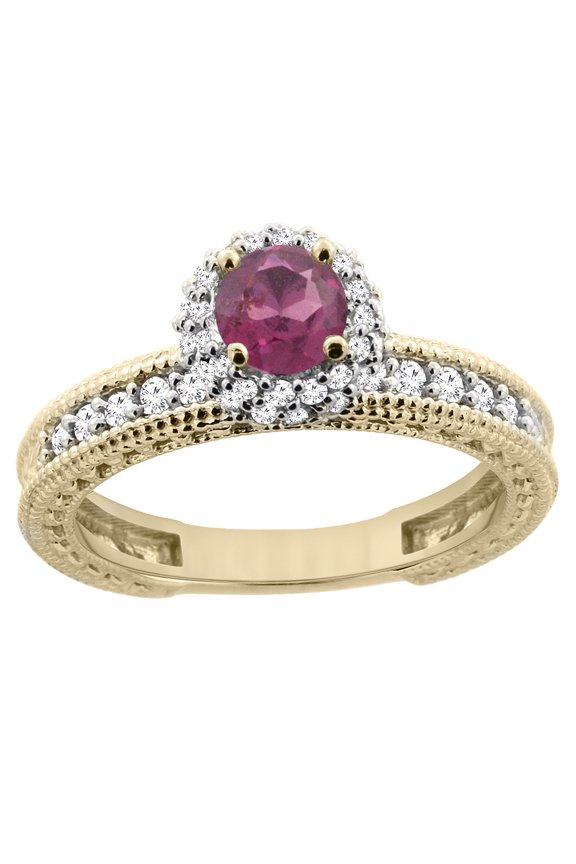 14K Yellow Gold Natural Rhodolite Round 5mm Engagement Ring Diamond Accents, size 7
