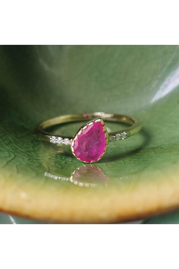 14K Yellow Gold Natural Ruby Diamond Ring, Pear Cut Birthstone