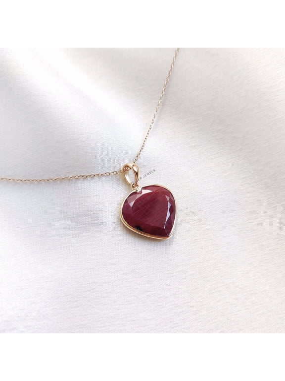 14K Yellow Gold Natural Ruby Heart Pendant, July Birthstone