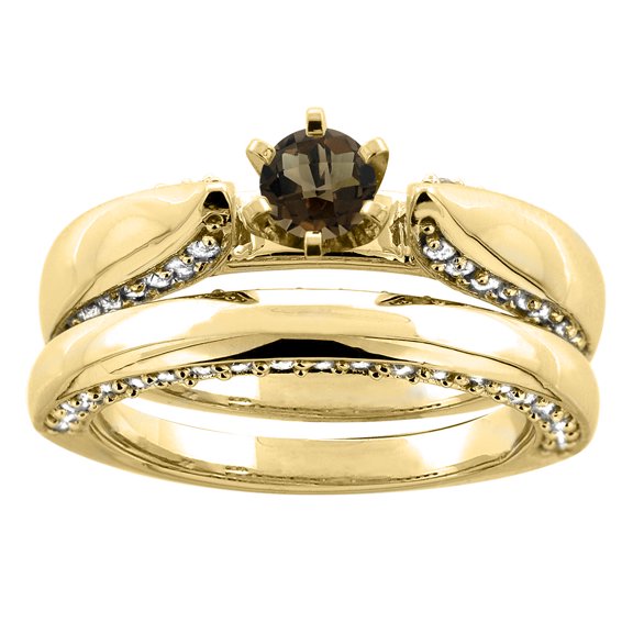 14K Yellow Gold Natural Smoky Topaz 2-piece Bridal Ring Set Diamond Accents Round 5mm, size 8