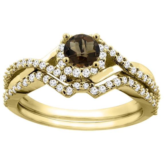 14K Yellow Gold Natural Smoky Topaz 2-piece Bridal Ring Set Round 5mm, size 9