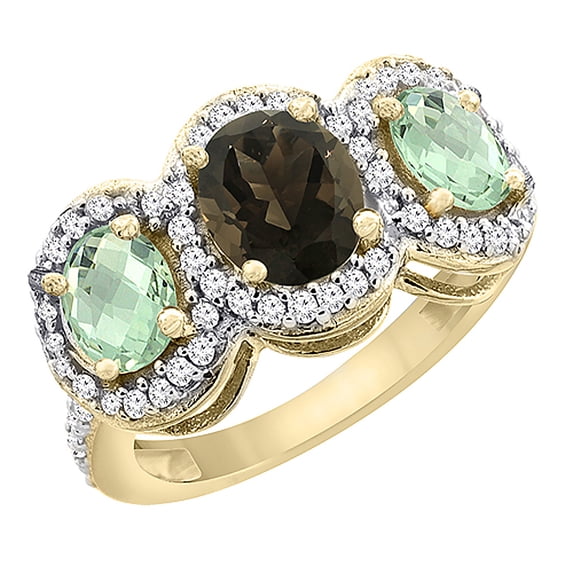 14K Yellow Gold Natural Smoky Topaz & Green Amethyst 3-Stone Ring Oval Diamond Accent, size 7.5