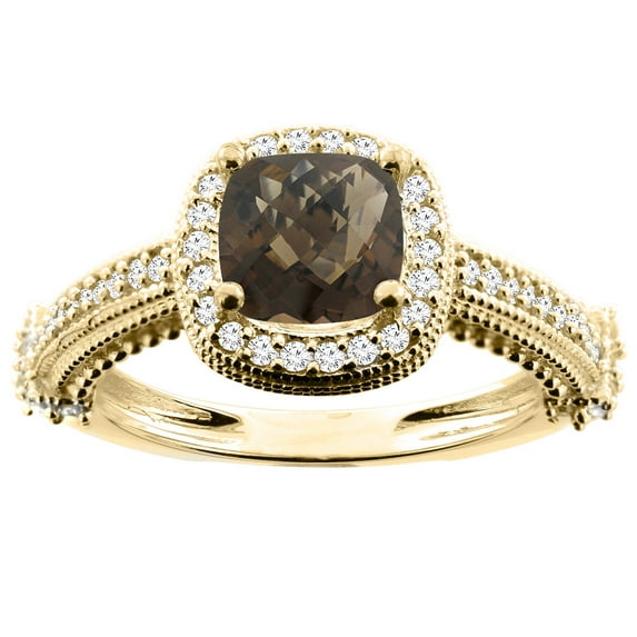 14K Yellow Gold Natural Smoky Topaz Ring Cushion 7x7mm Diamond Accent 7/16 inch wide, size 5.5