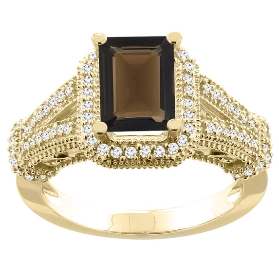 14K Yellow Gold Natural Smoky Topaz Ring Octagon 8x6mm Diamond Accent, size 8
