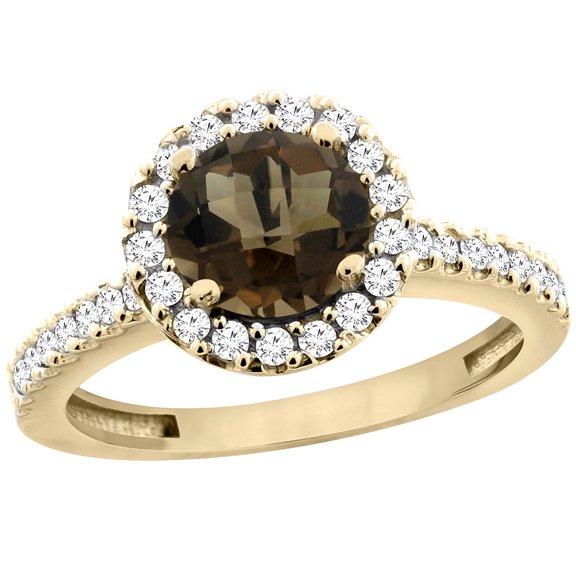 14K Yellow Gold Natural Smoky Topaz Ring Round 6mm Floating Halo Diamond, size 7.5