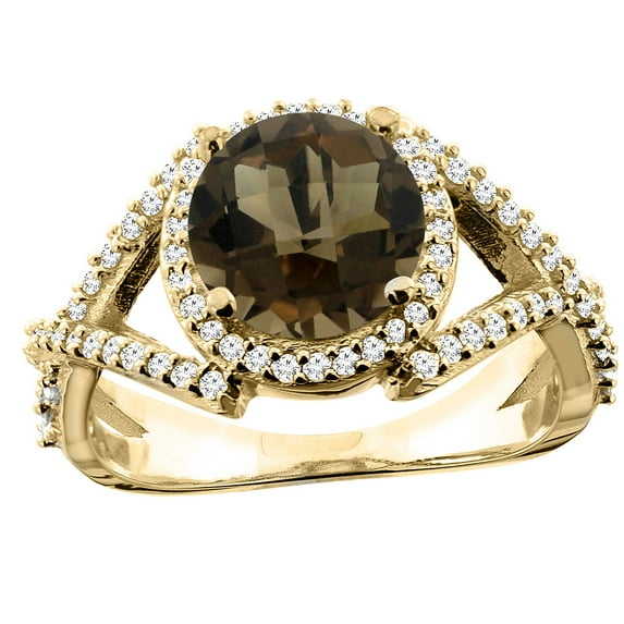 14K Yellow Gold Natural Smoky Topaz Ring Round 8mm Diamond Accent, size 8.5