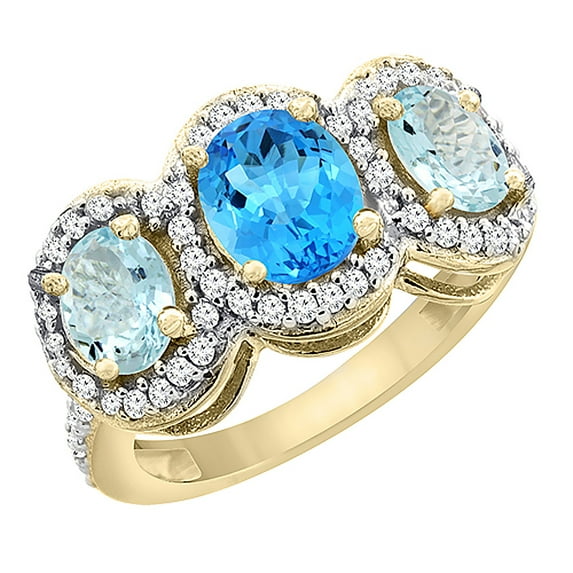 14K Yellow Gold Natural Swiss Blue Topaz & Aquamarine 3-Stone Ring Oval Diamond Accent, size 9
