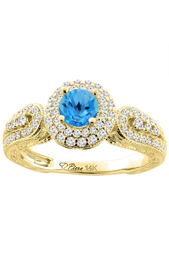14K Yellow Gold Natural Swiss Blue Topaz & Diamond Halo Ring Round 5 mm, size 6
