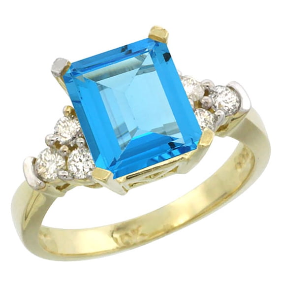 14K Yellow Gold Natural Swiss Blue Topaz Ring Octagon 9x7mm Diamond Accent, size 10