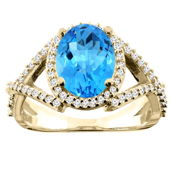 14K Yellow Gold Natural Swiss Blue Topaz Ring Oval 10x8mm Diamond Accent, size 8.5