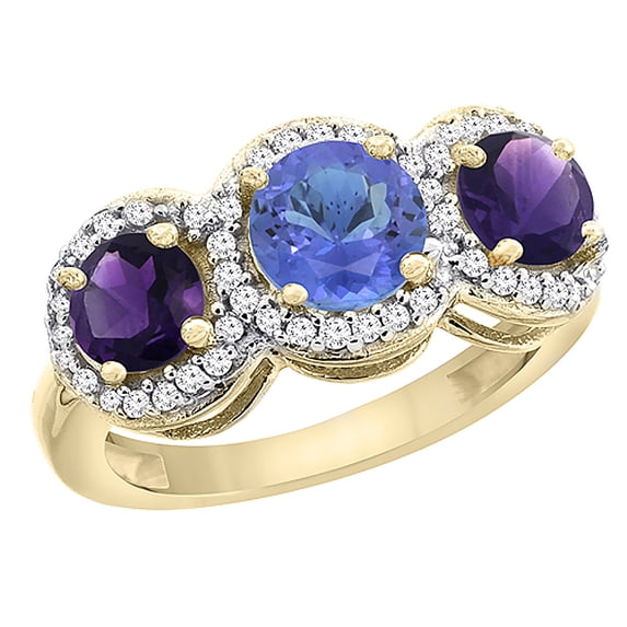 14K Yellow Gold Natural Tanzanite & Amethyst Sides Round 3-stone Ring Diamond Accents, size 9.5