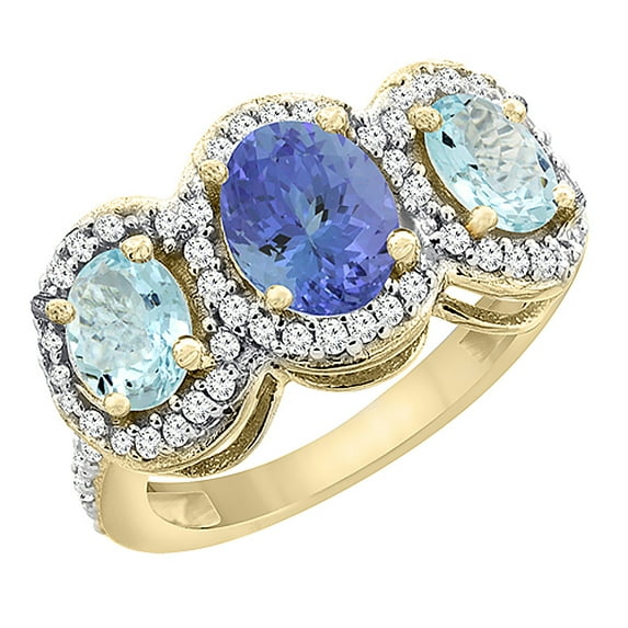14K Yellow Gold Natural Tanzanite & Aquamarine 3-Stone Ring Oval Diamond Accent, size 8.5