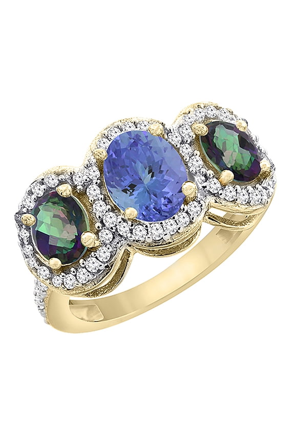14K Yellow Gold Natural Tanzanite & Mystic Topaz 3-Stone Ring Oval Diamond Accent, size 7