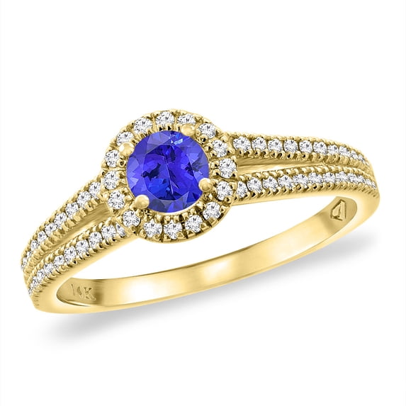 14K Yellow Gold Natural Tanzanite Split Shank Diamond Halo Engagement Ring 4mm Round, size 5.5