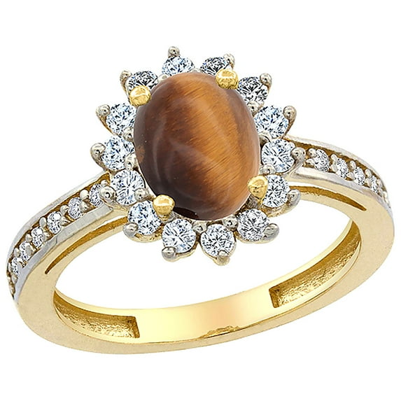 14K Yellow Gold Natural Tiger Eye Floral Halo Ring Oval 8x6mm Diamond Accents, size 8