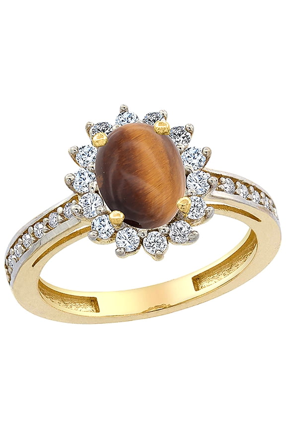 14K Yellow Gold Natural Tiger Eye Floral Halo Ring Oval 8x6mm Diamond Accents, size 8