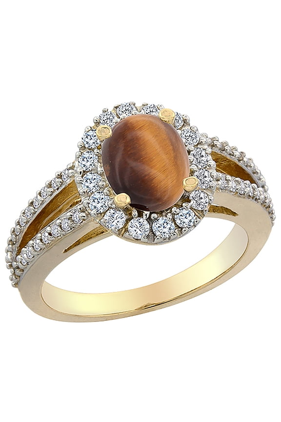 14K Yellow Gold Natural Tiger Eye Halo Ring Oval 8x6 mm with Diamond Accents, size 9