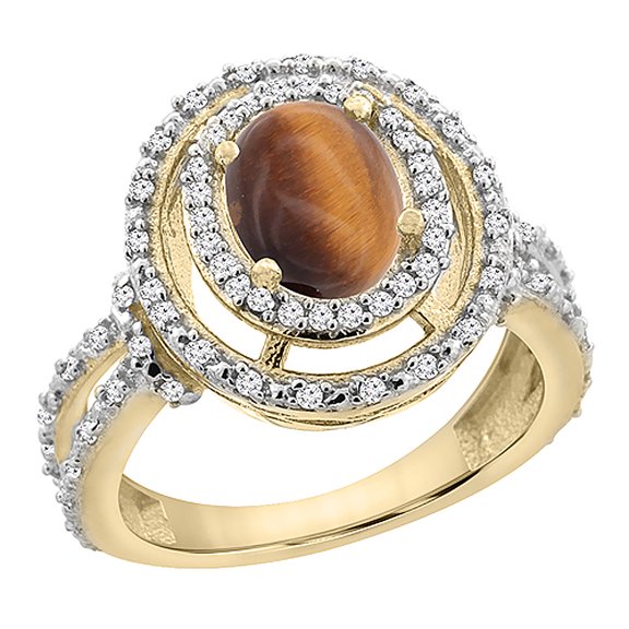 14K Yellow Gold Natural Tiger Eye Ring Oval 8x6 mm Double Halo Diamond, size 5.5