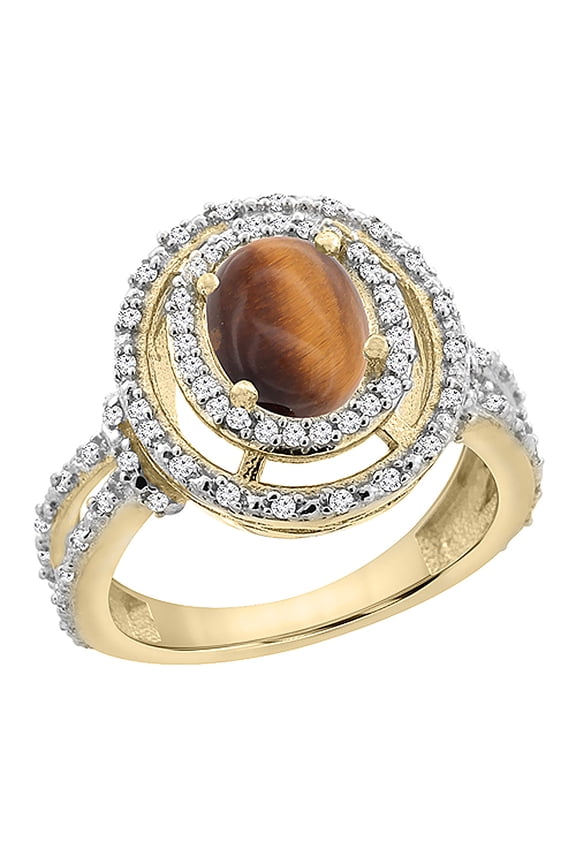 14K Yellow Gold Natural Tiger Eye Ring Oval 8x6 mm Double Halo Diamond, size 5.5