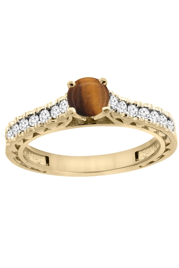 14K Yellow Gold Natural Tiger Eye Round 5mm Engraved Engagement Ring Diamond Accents, size 6