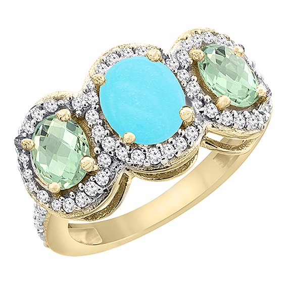 14K Yellow Gold Natural Turquoise & Green Amethyst 3-Stone Ring Oval Diamond Accent, size 8