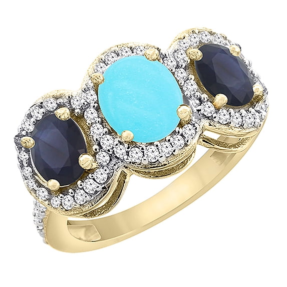 14K Yellow Gold Natural Turquoise & HQ Blue Sapphire 3-Stone Ring Oval Diamond Accent, size 5
