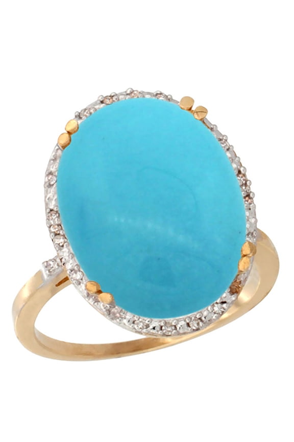14K Yellow Gold Natural Turquoise Ring Large Oval 18x13mm Diamond Halo, size 7